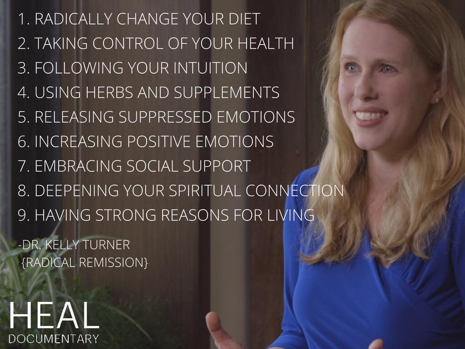 list of the nine common healing factors in radical remission cases in cancer patients. Dr. Kelly Turner and The Radical Remission Project - KW Professional Organizers - HEAL Documentary 