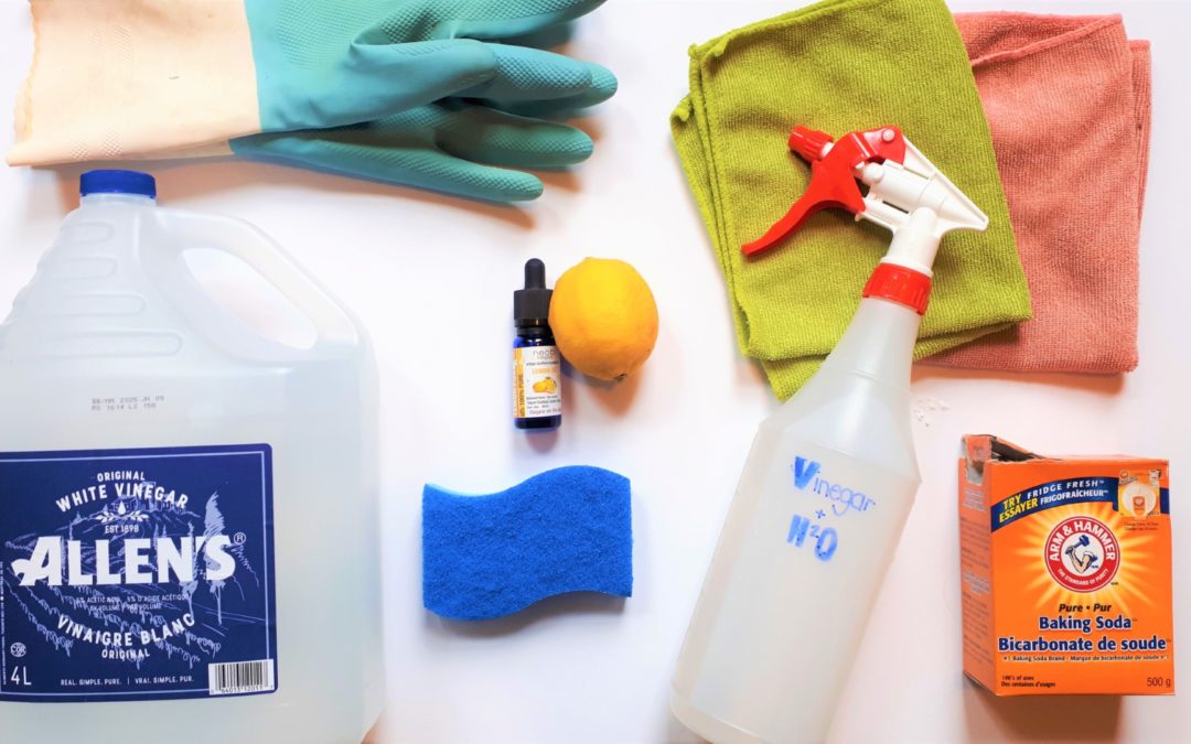 cleaning products lemon gloves vinegar spray bottle baking soda clothes