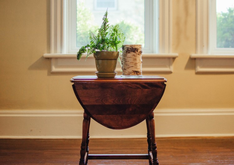 wood table in front of window with fern and birch bark candle