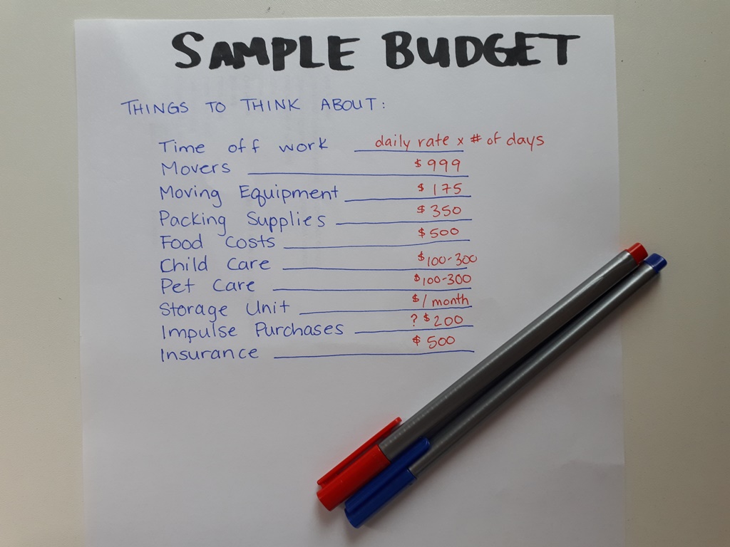 Sample Moving Budget - Things to Consider - KW Professional Organizers - Kitchener Waterloo