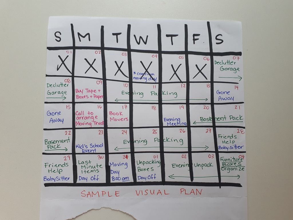Sample Moving Schedule - Calendar Plan - Visual Aid - KW Professional Organizers